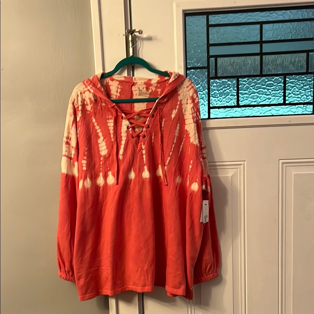 NWT Women's Tie-Dye Lace-Up Hoodie Top - Orange Sz 30/32